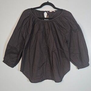Everlane Women's Black Cotton Gathered Neck 3/4 Sleeve Tie Back Top Size 2